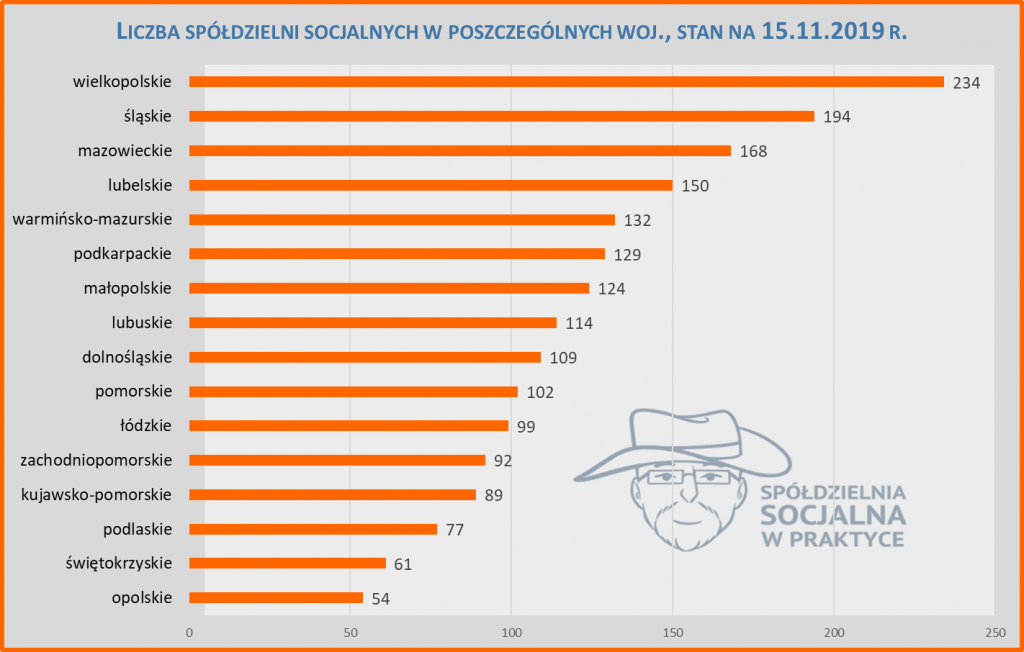 liczba spółdzielni socjalnych w poszczególnych województwach w Polsce w 2019 r.